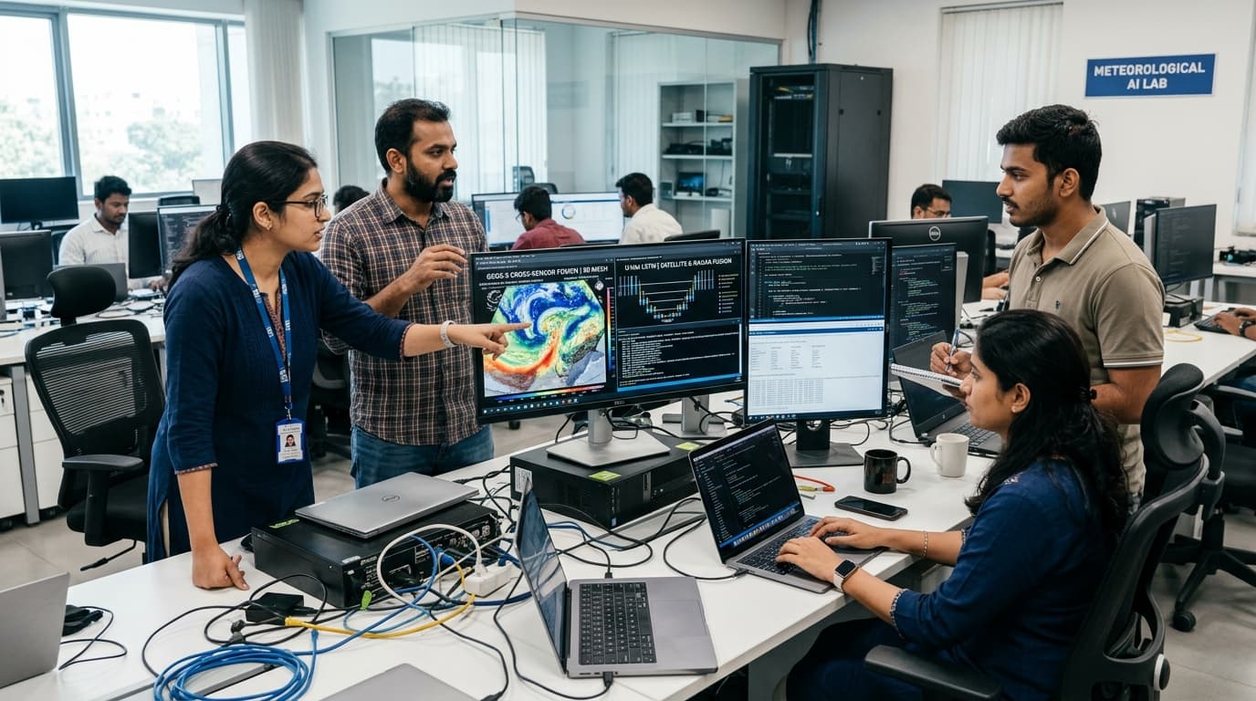 Data scientists and atmospheric AI researchers analyzing neural cross-sensor fusion models