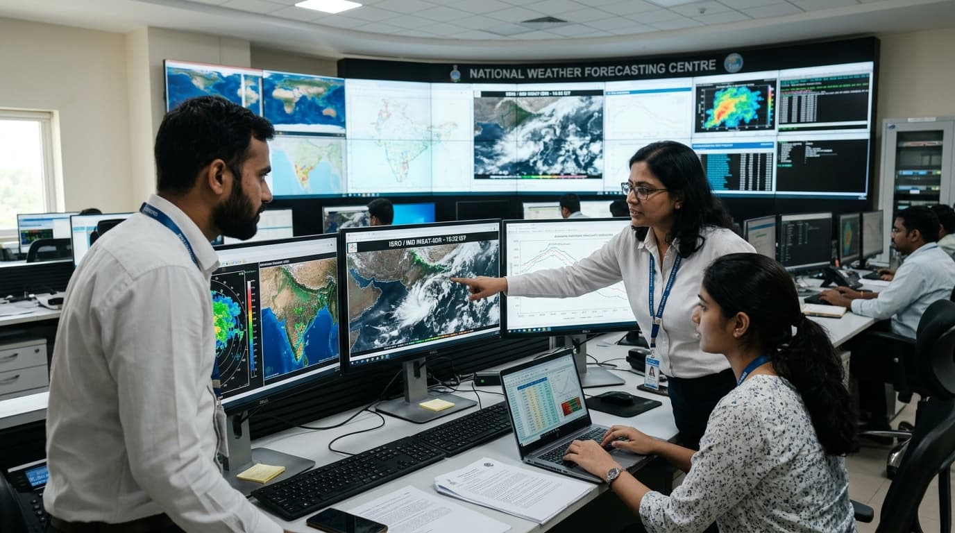 National Weather Forecasting Centre meteorologists monitoring satellite and radar feeds
