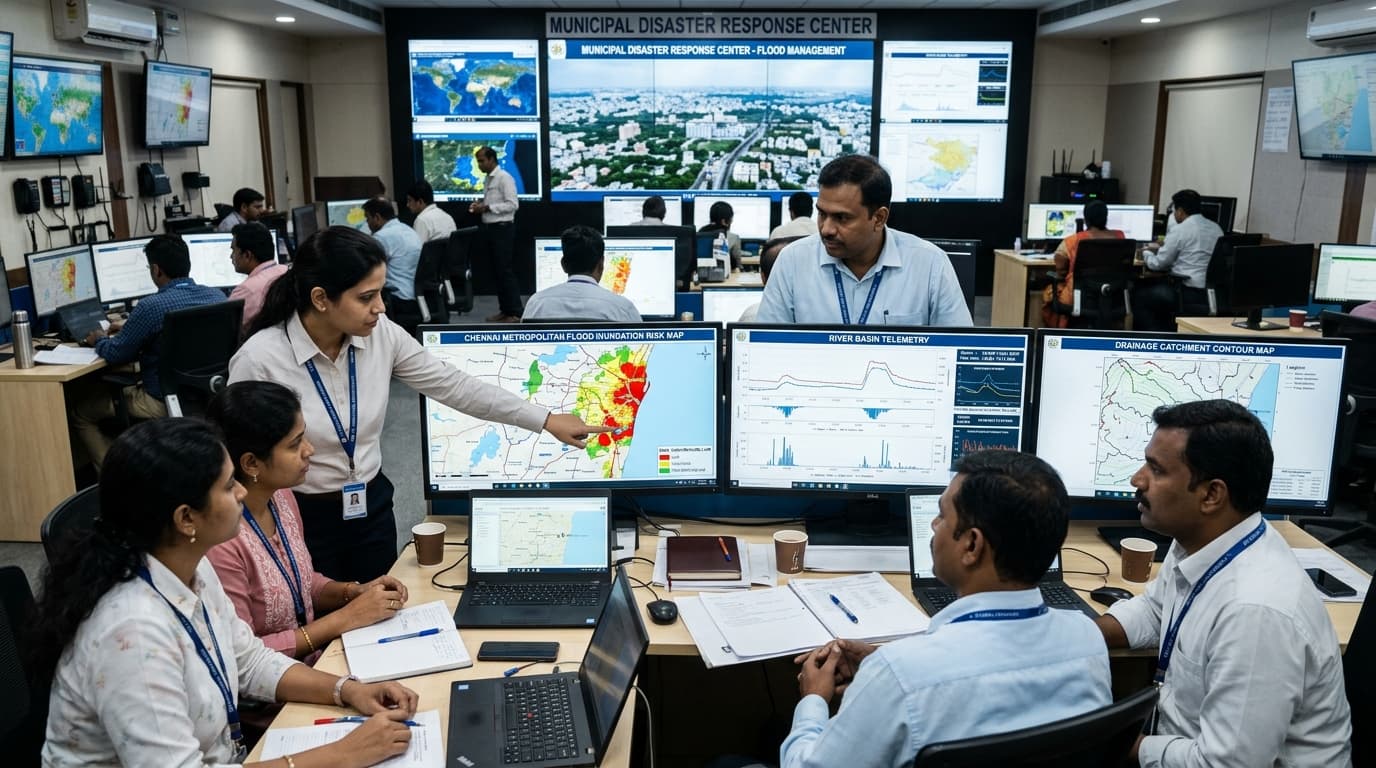 Municipal civil engineers and hydrology specialists reviewing flood inundation risk and catchment telemetry