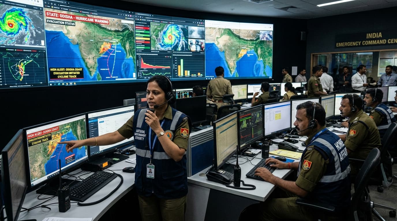 Emergency response command center officers and disaster relief dispatchers coordinating early warning alerts